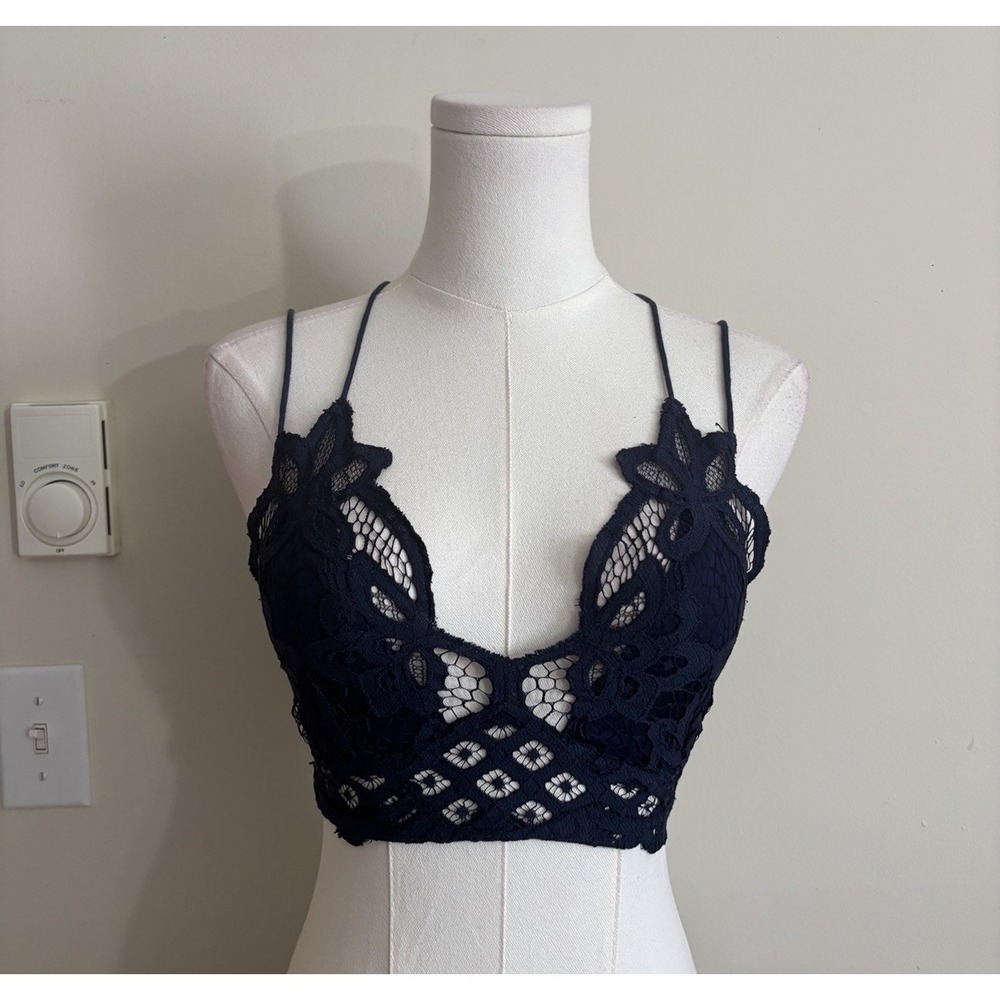 Free People Adella Bralette Bra Small Navy Blue Lace Spaghetti Strap Boho Cute